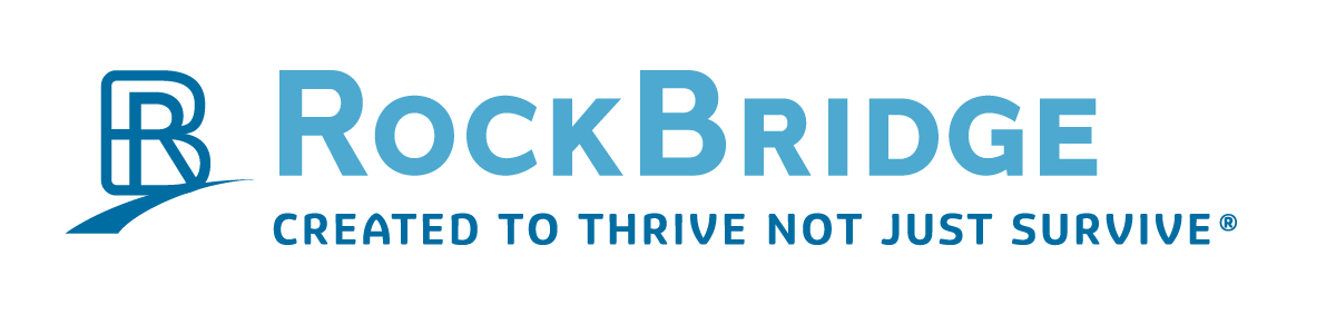 RockBridge Counseling logo with tagline "Created to Thrive, Not Just Survive" for Christian mental health services.